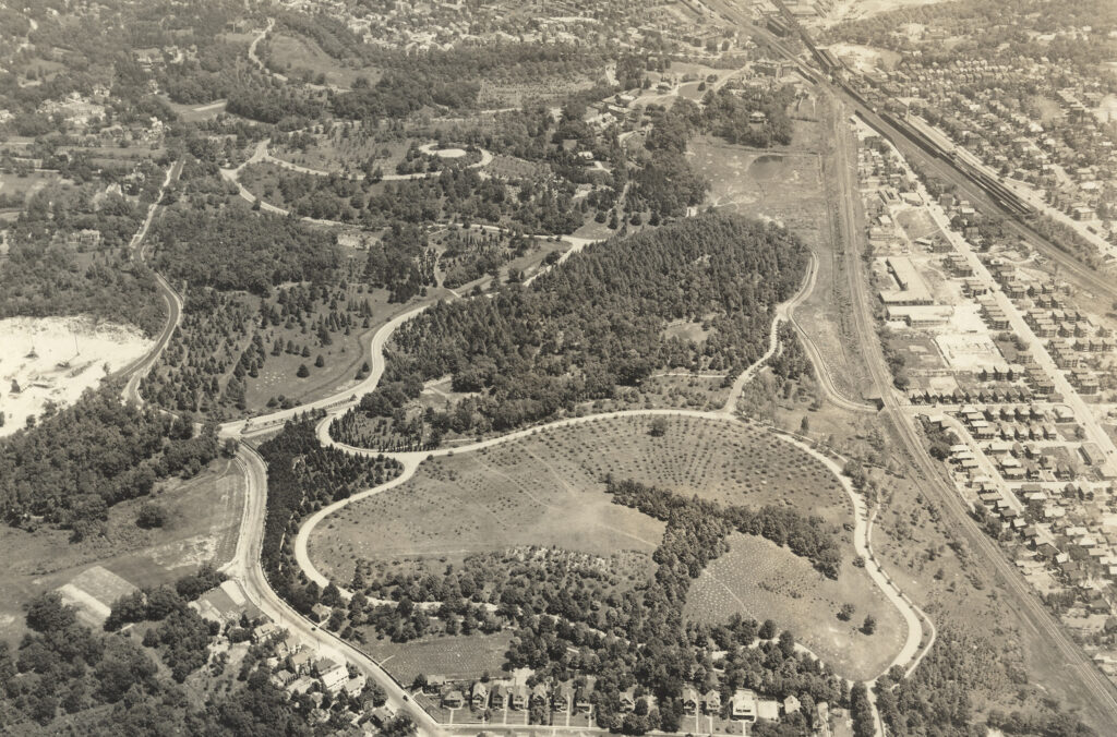 Aerial view of the Arnold Arboretum looking north from Peters Hill, 1927.